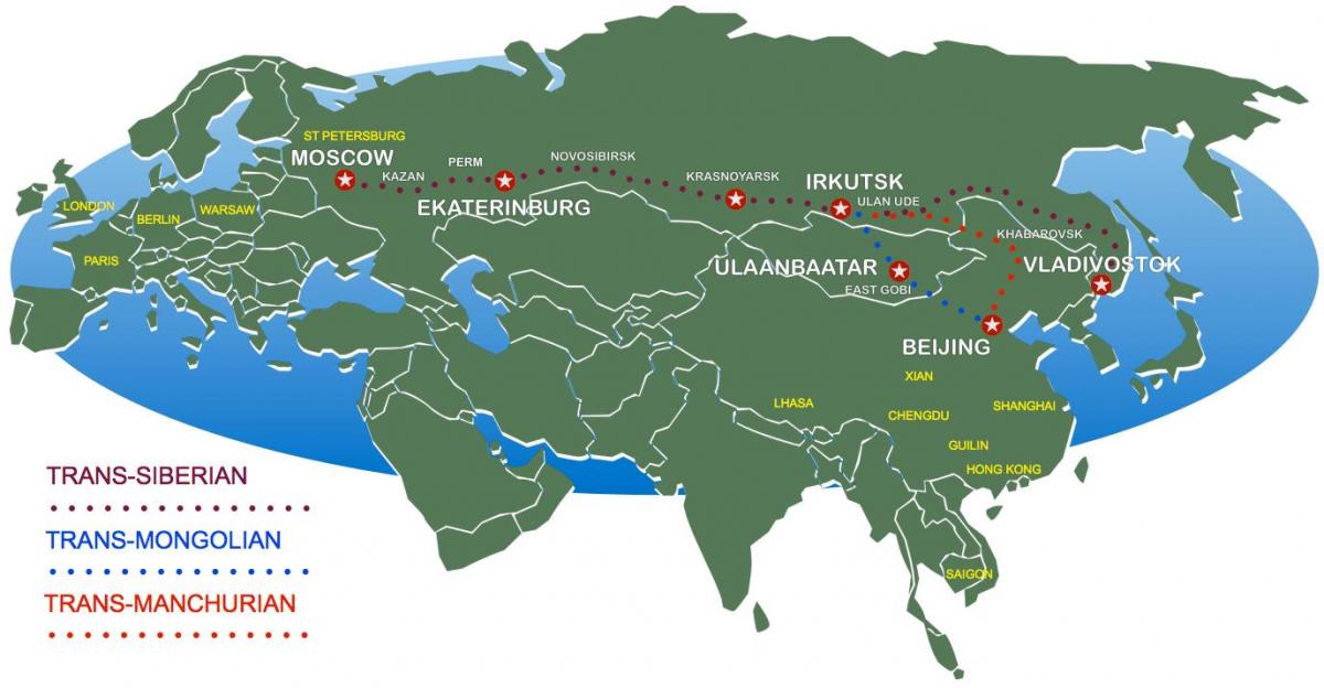 Pekingin Moskovaan juna reittikartta